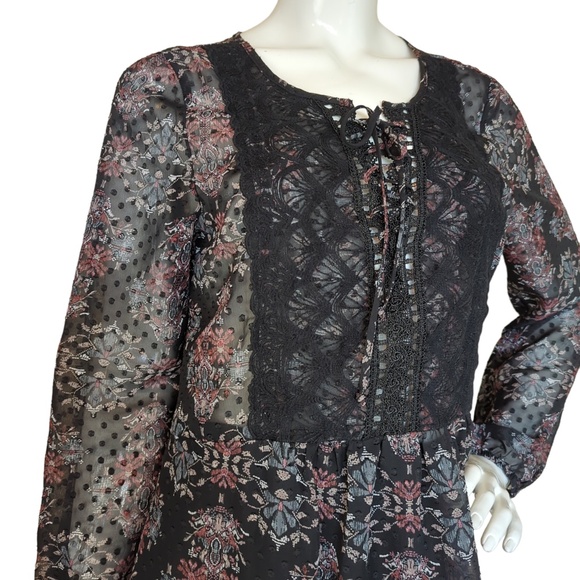 Black Floral Lace up Boho Tunic Top with lace up front - Picture 8 of 14